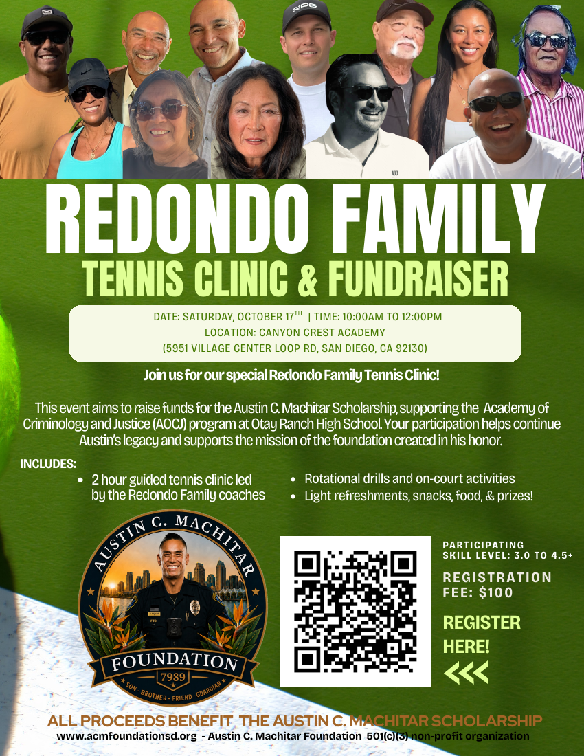 Redondo Family Tennis Clinic and Fundraiser flyer — Saturday, October 17, 10:00 AM to 12:00 PM at Canyon Crest Academy, registration fee $100